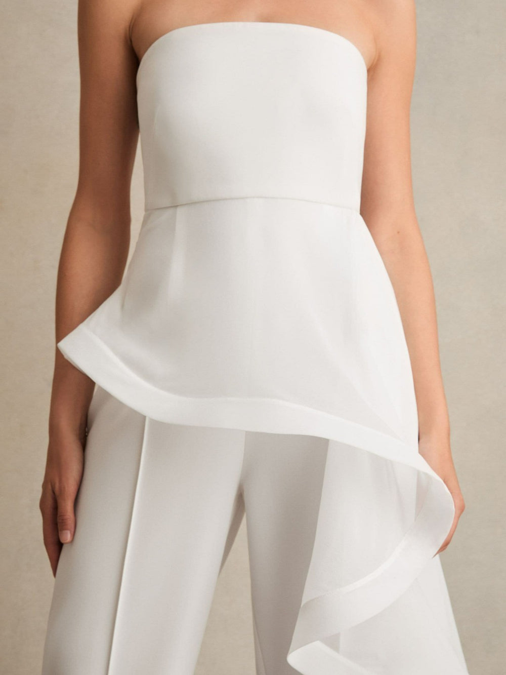 Silk Ruffle Bandeau Wide-Leg Jumpsuit in Ivory