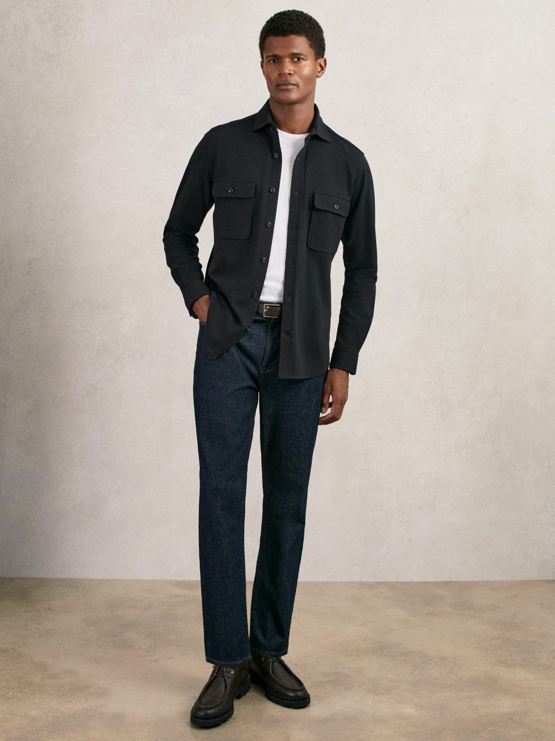 Textured Twin Pocket Cotton Blend Overshirt in Navy
