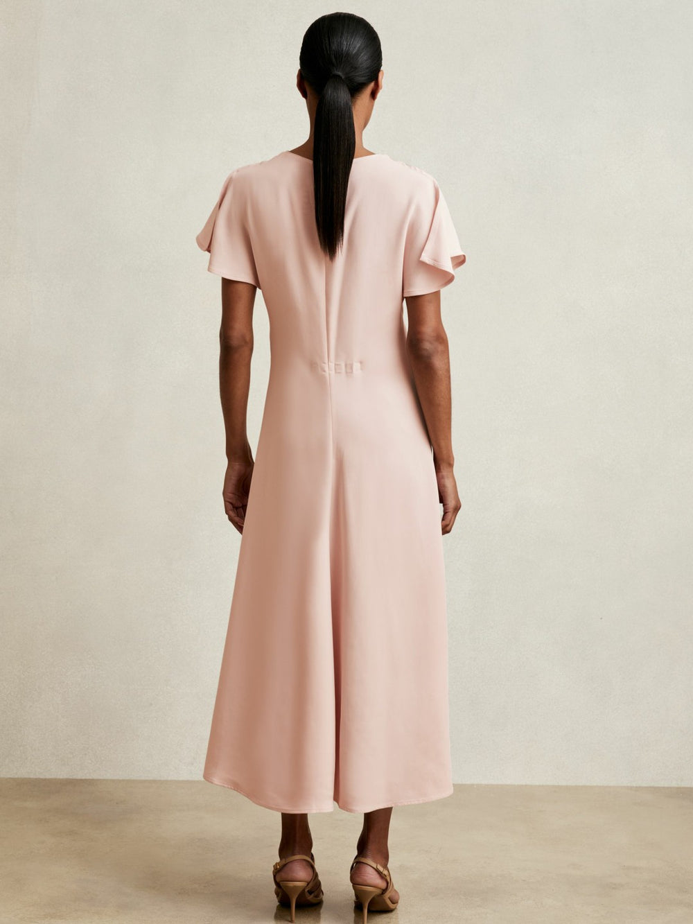 Ruched-Front Midi Dress in Pale Pink
