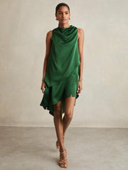 Satin Drape-Neck Layered Dress in Green