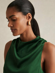 Satin Drape-Neck Layered Dress in Green