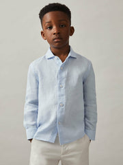13-14 yrs Linen Cutaway Collar Shirt in Pale Blue