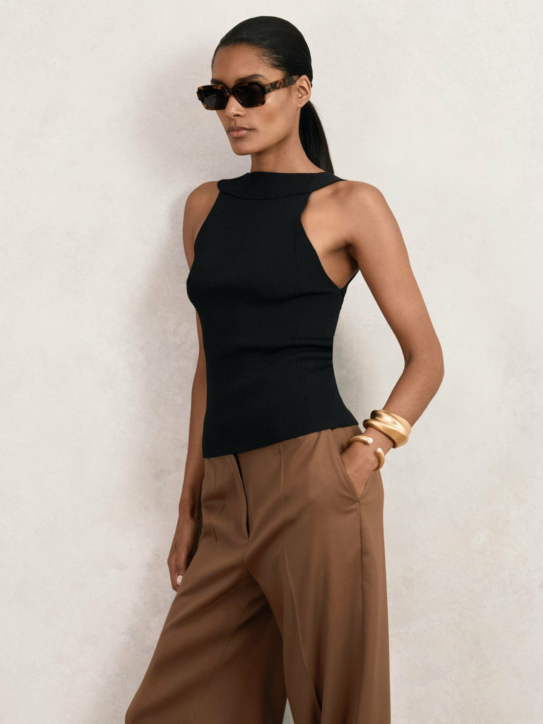 Low-Back Rib-Knit Vest in Black
