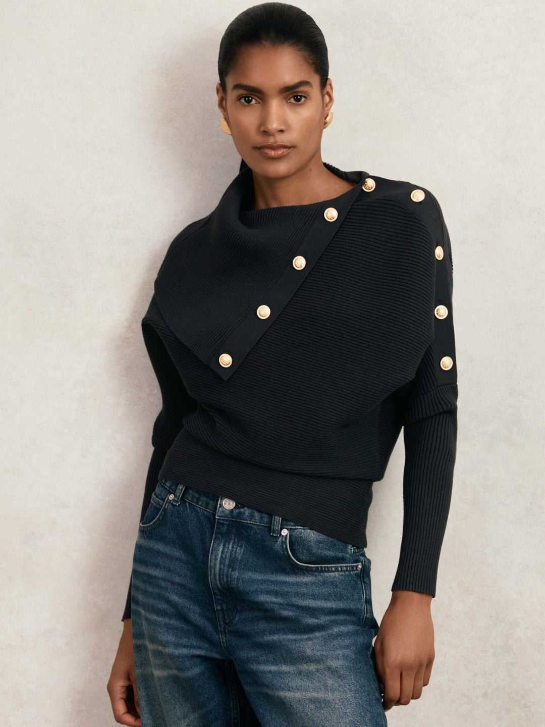 Rib-Knit Button Shawl Jumper in Navy