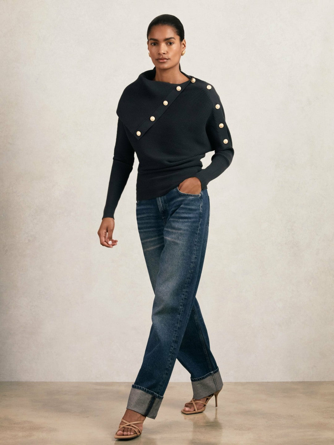 Rib-Knit Button Shawl Jumper in Navy
