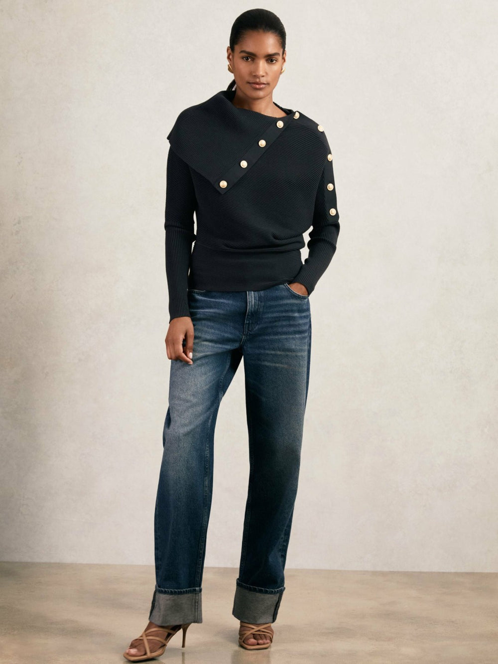 Rib-Knit Button Shawl Jumper in Navy