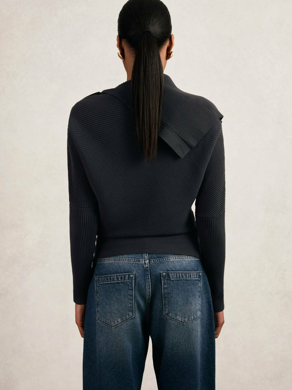Rib-Knit Button Shawl Jumper in Navy