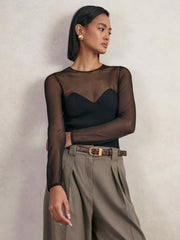 Mesh Knit Sweetheart Long-Sleeve Top in Black