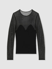 Mesh Knit Sweetheart Long-Sleeve Top in Black