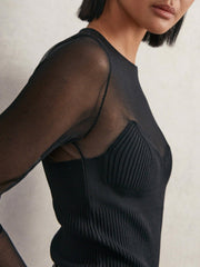 Mesh Knit Sweetheart Long-Sleeve Top in Black