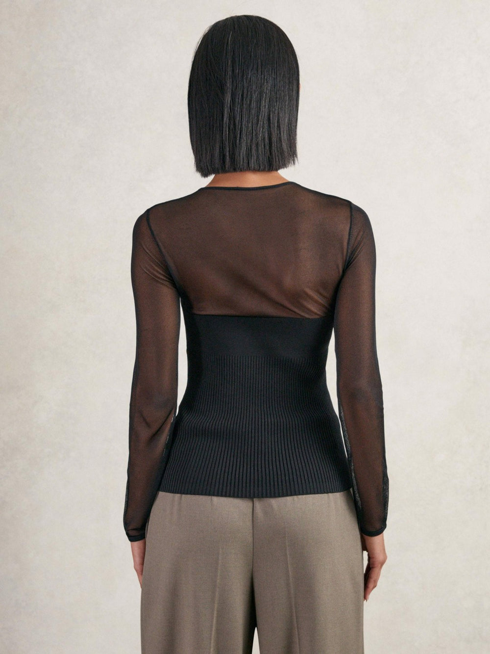 Mesh Knit Sweetheart Long-Sleeve Top in Black