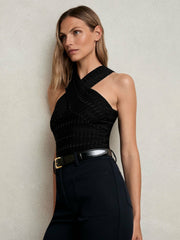 Cross Neck Textured Top in Black