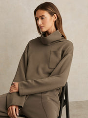 Interlock Jersey Funnel Neck Sweatshirt in Khaki Green