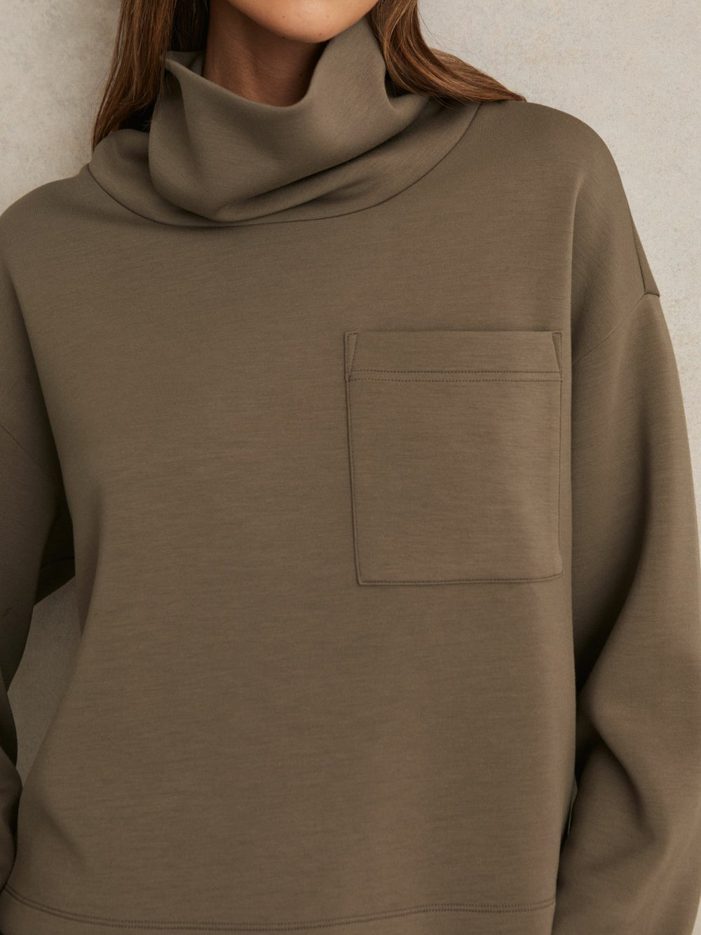 Interlock Jersey Funnel Neck Sweatshirt in Khaki Green