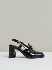 Patent Leather Slingback Heeled Loafers in Black