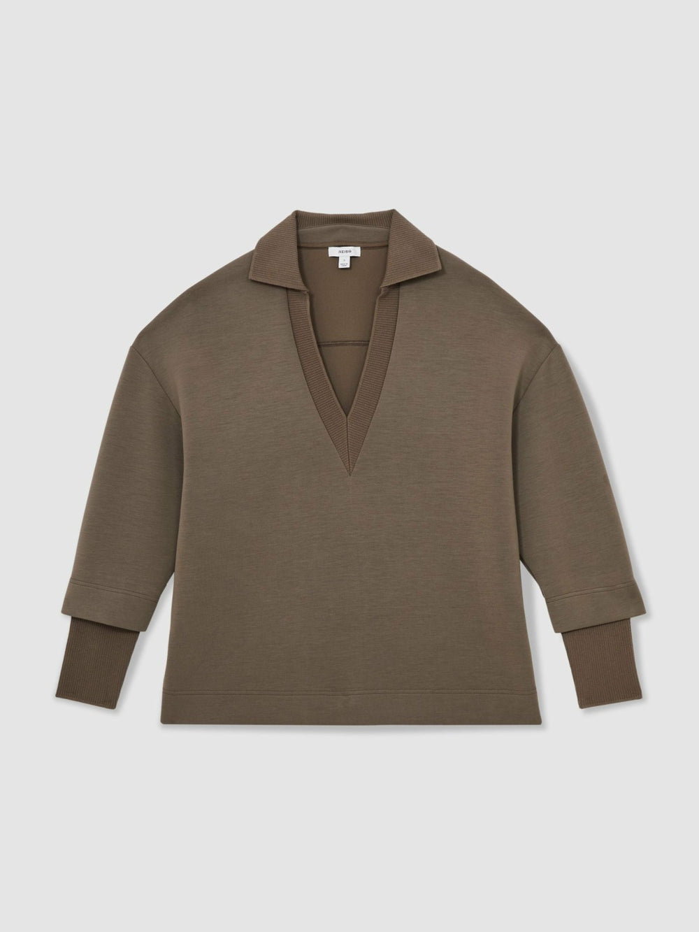 Interlock Open-Collar Sweatshirt in Khaki Green