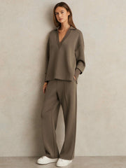Interlock Open-Collar Sweatshirt in Khaki Green