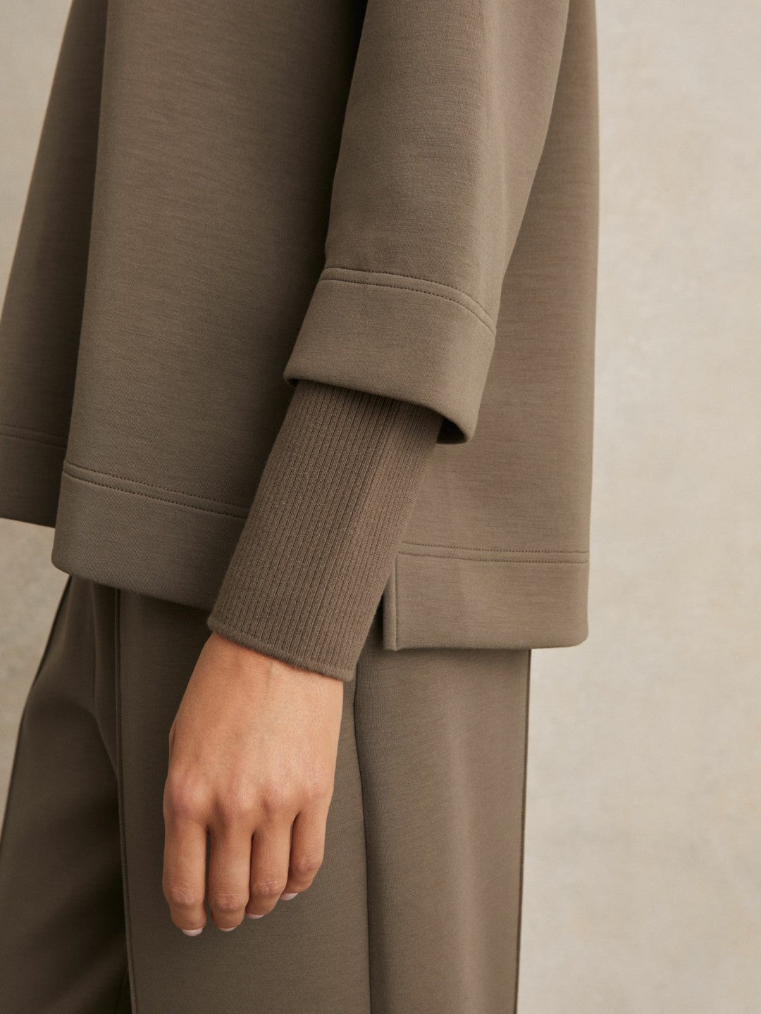 Interlock Open-Collar Sweatshirt in Khaki Green
