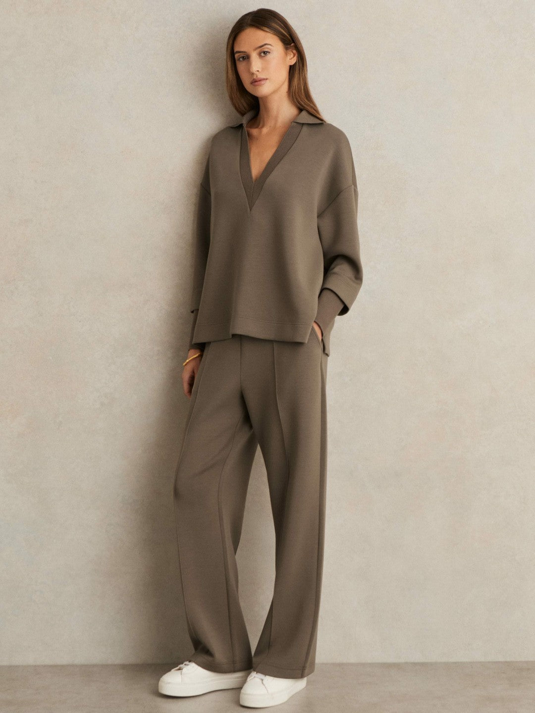 Modal-Blend Interlock Wide-Leg Joggers in Khaki Green