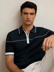 Half Zip Tipped Polo Shirt in Navy/White
