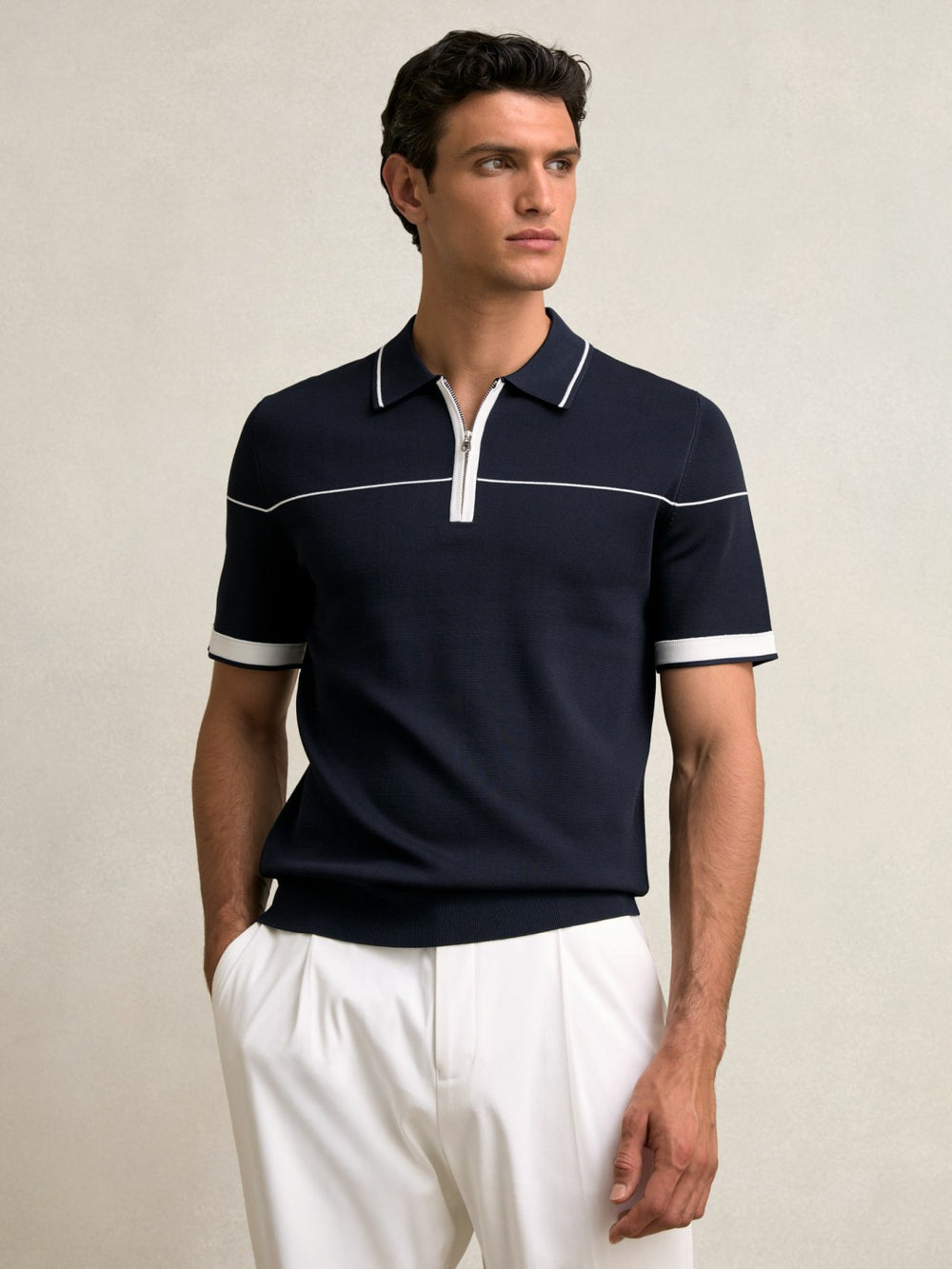Half Zip Tipped Polo Shirt in Navy/White