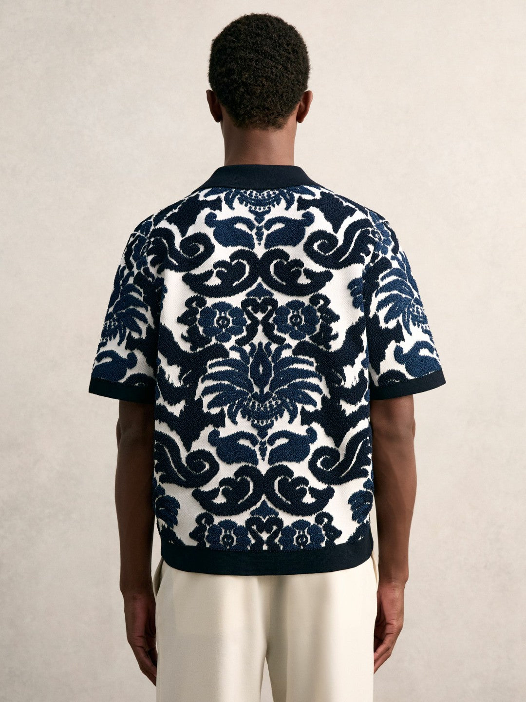 Paisley Jacquard Knit Shirt in Navy Blue/White