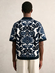 Paisley Jacquard Knit Shirt in Navy Blue/White