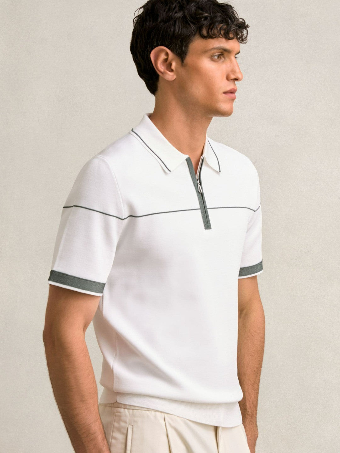 Half Zip Tipped Polo Shirt in White/Green