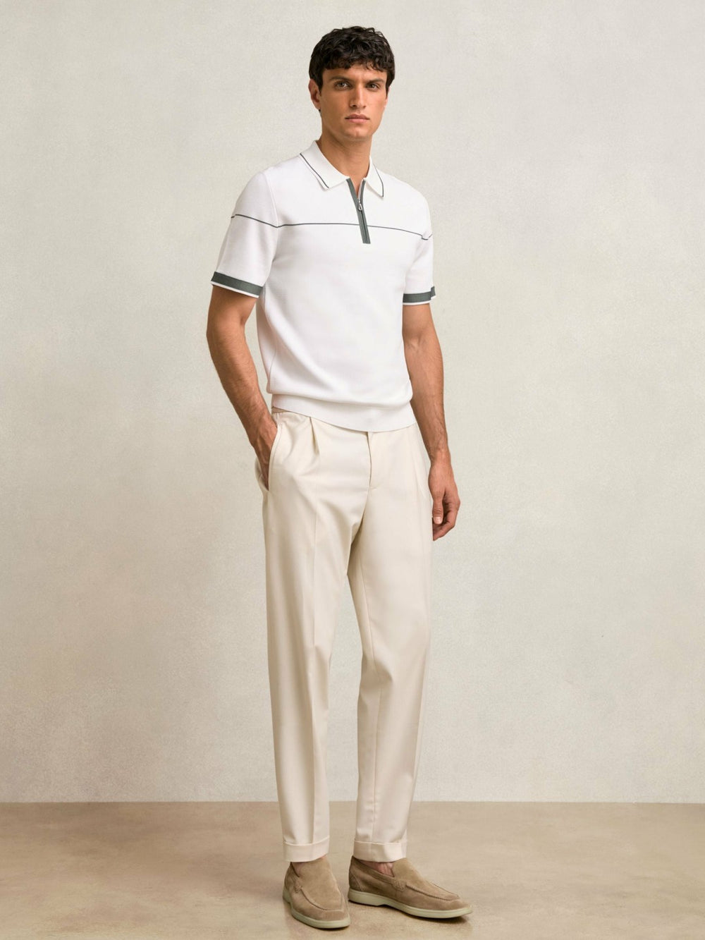 Half Zip Tipped Polo Shirt in White/Green