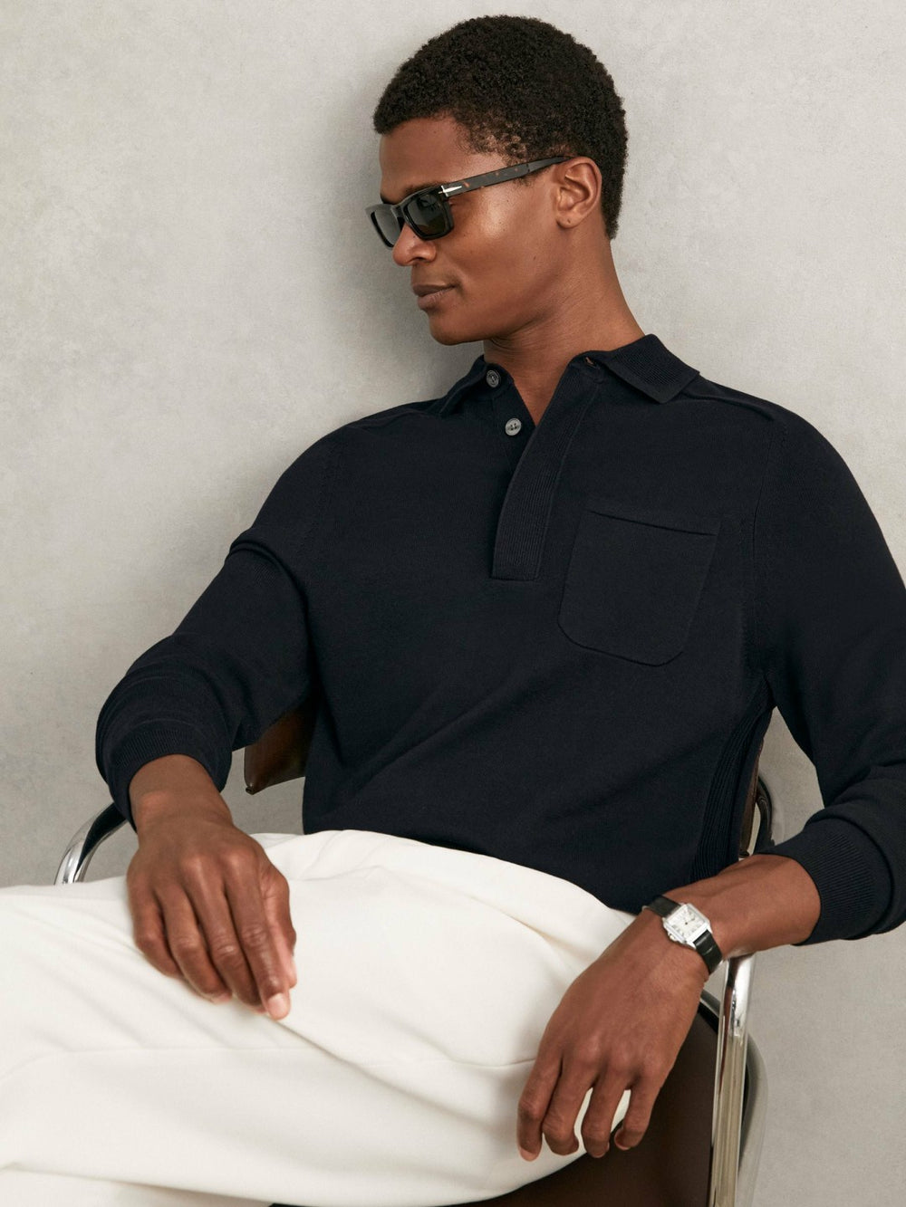 Cotton Concealed Placket Polo Shirt in Navy