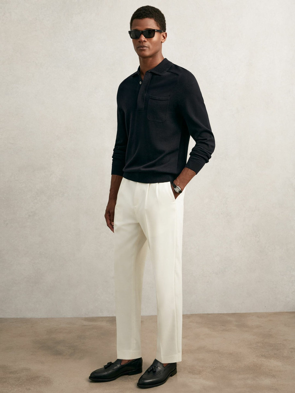 Cotton Concealed Placket Polo Shirt in Navy
