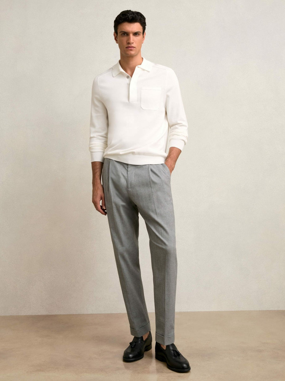 Cotton Concealed Placket Polo Shirt in White