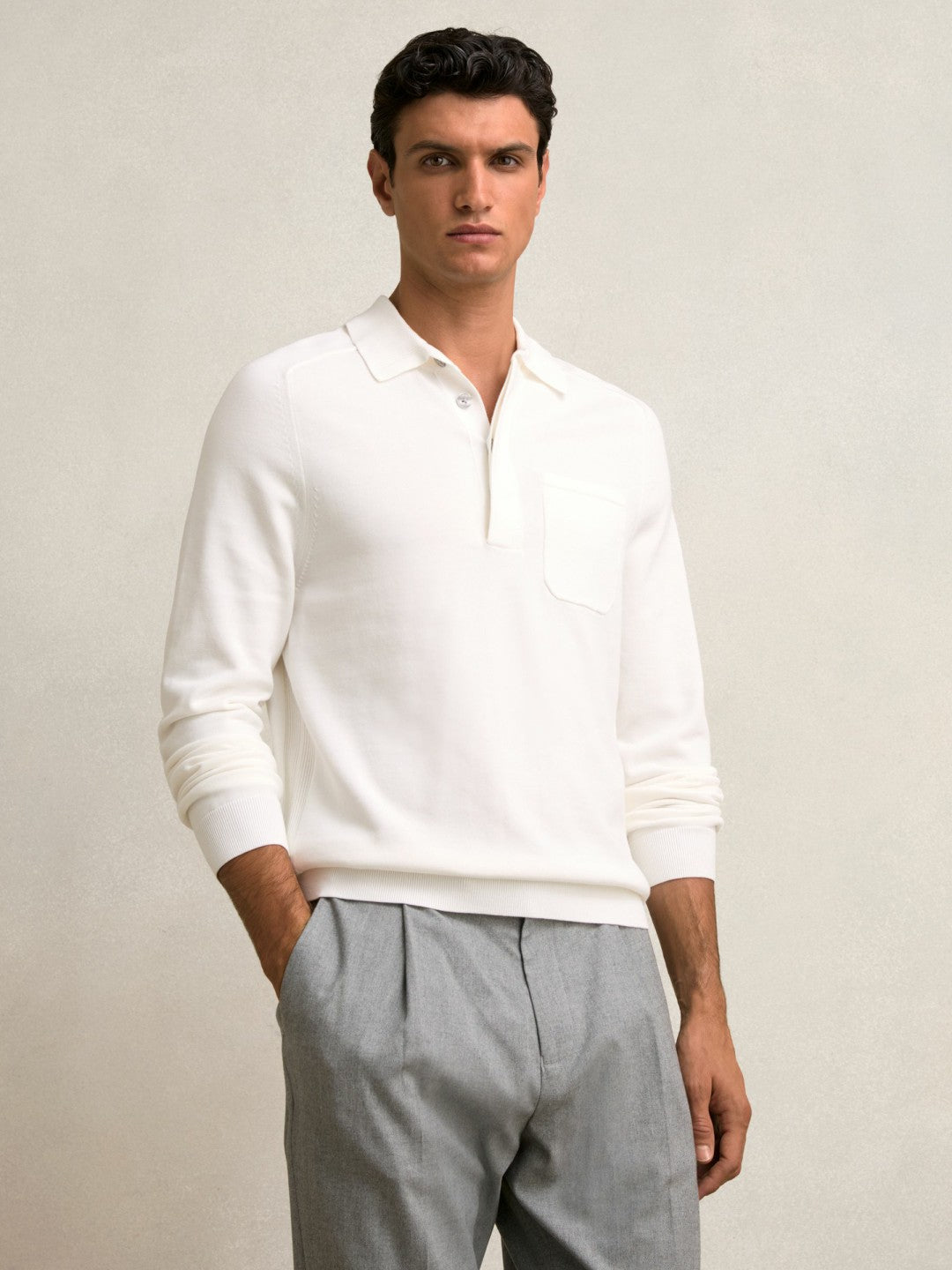 Cotton Concealed Placket Polo Shirt in White