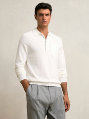 Cotton Concealed Placket Polo Shirt in White