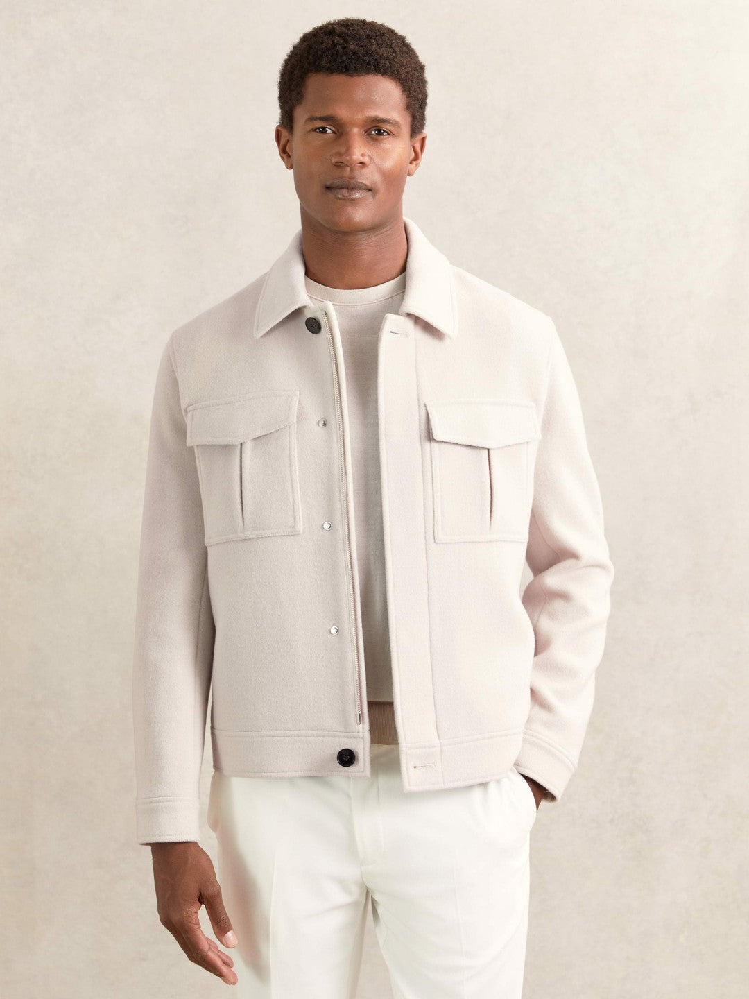 Wool Blend Twin Pocket Zipped Jacket in Ivory
