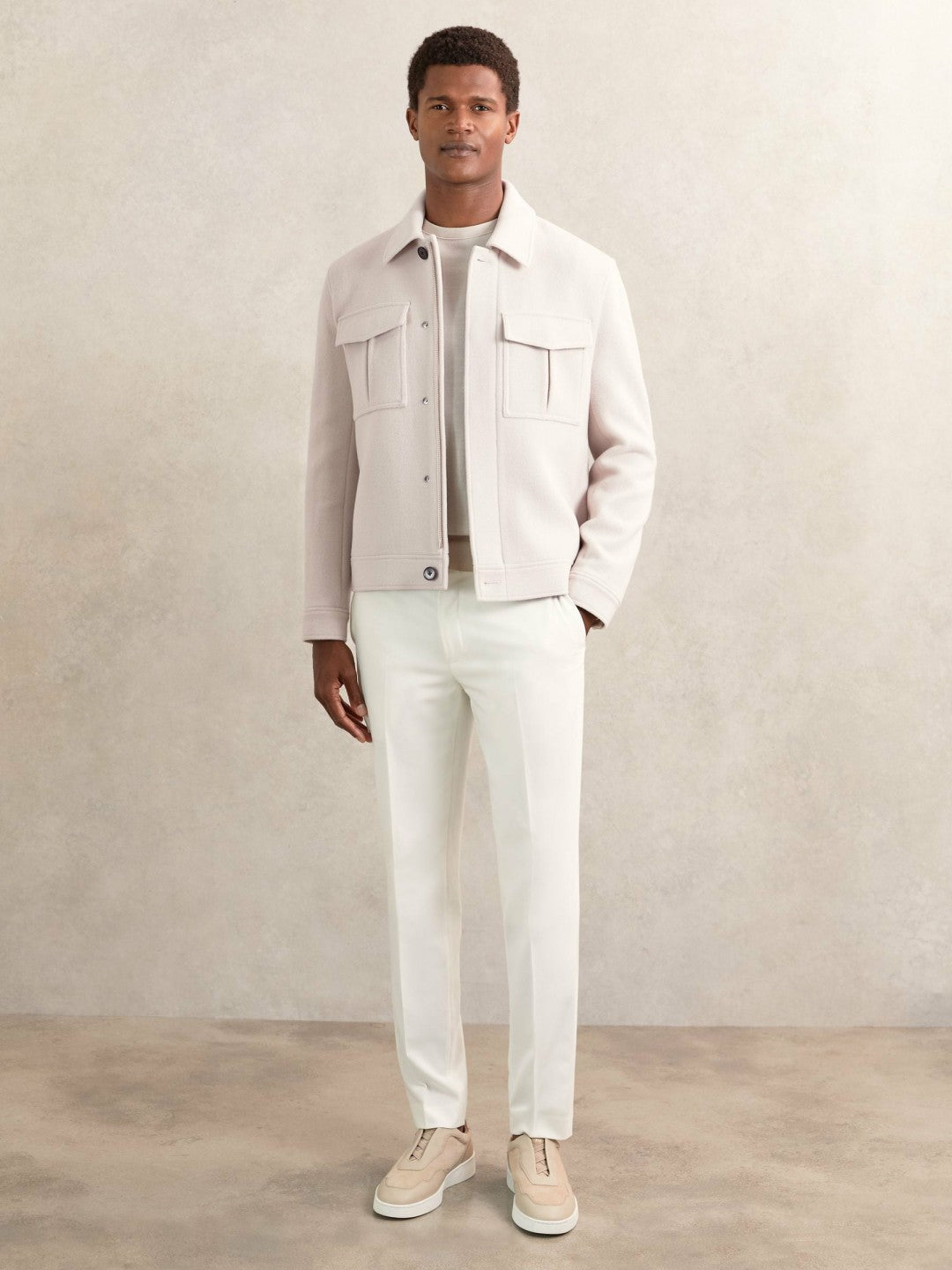 Wool Blend Twin Pocket Zipped Jacket in Ivory