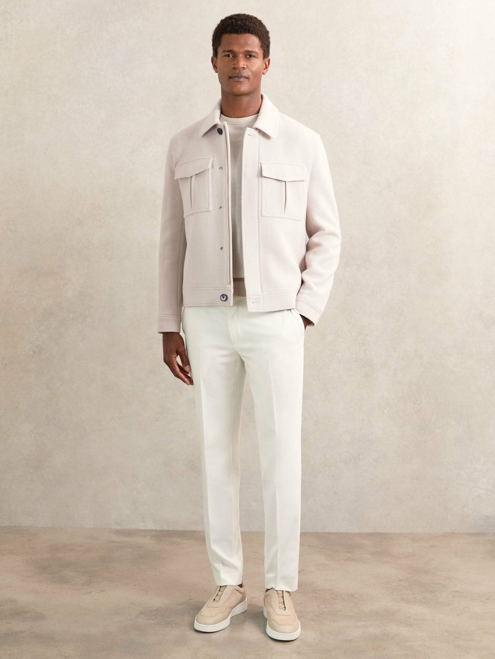 Wool Blend Twin Pocket Zipped Jacket in Ivory