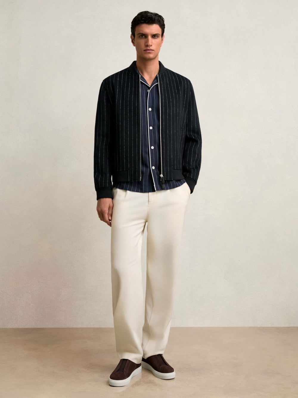 Wool-Blend Chalk-Stripe Bomber Jacket in Navy