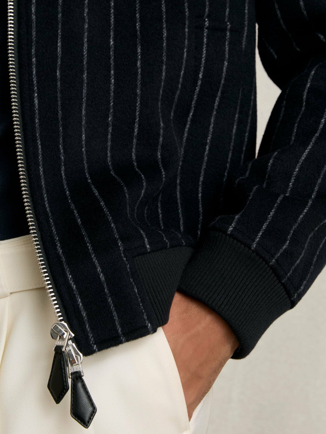 Wool-Blend Chalk-Stripe Bomber Jacket in Navy