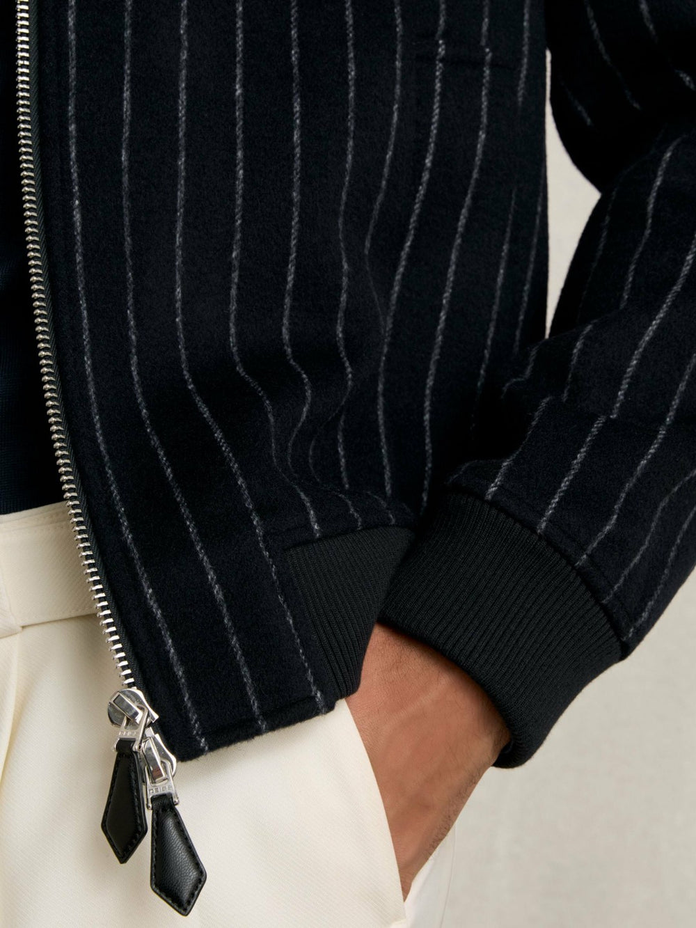 Wool-Blend Chalk-Stripe Bomber Jacket in Navy