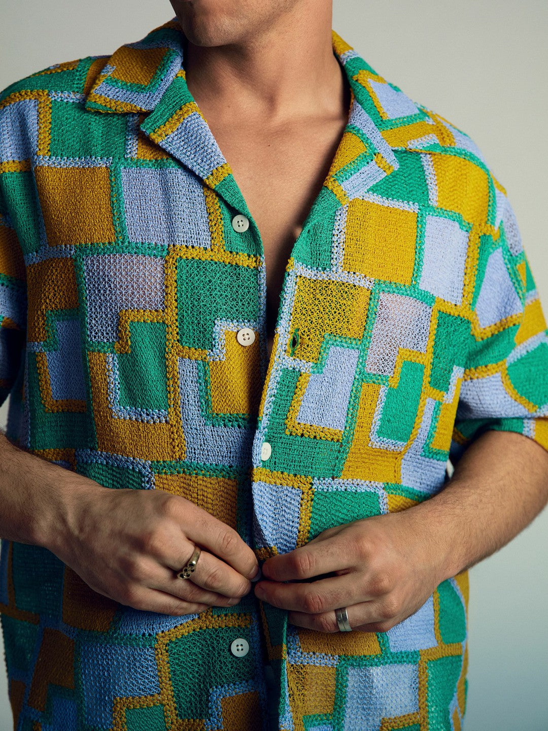 | Tom Daley Tile Crochet Shirt in Yellow/Green/Blue Multi