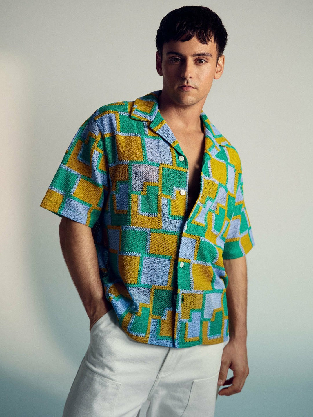 | Tom Daley Tile Crochet Shirt in Yellow/Green/Blue Multi