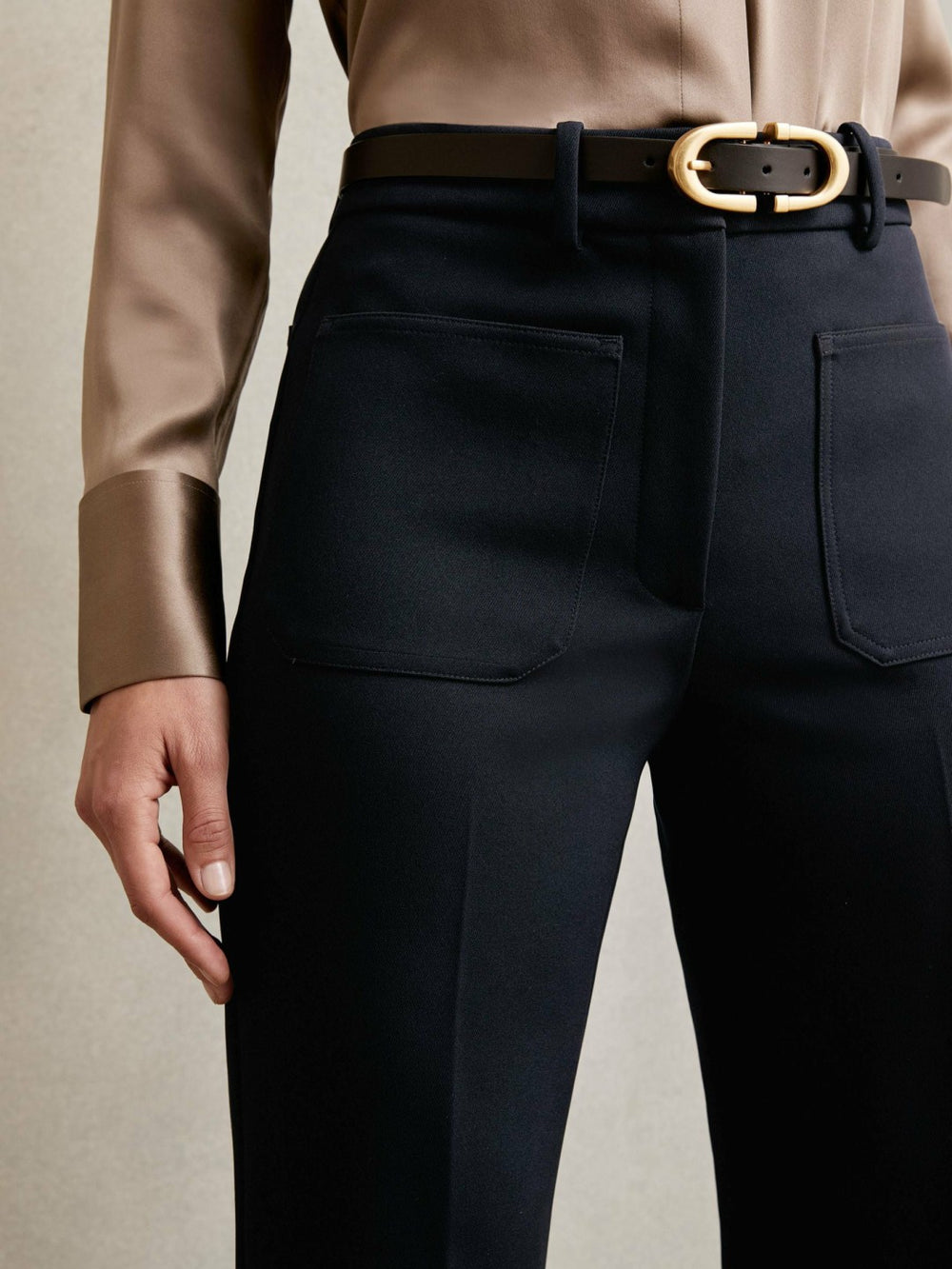 Twill Patch-Pocket Flared Trousers in Navy