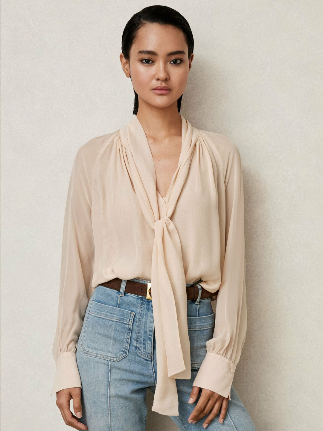 Silk Blend Chiffon Tie-Neck Blouse in Pale Pink