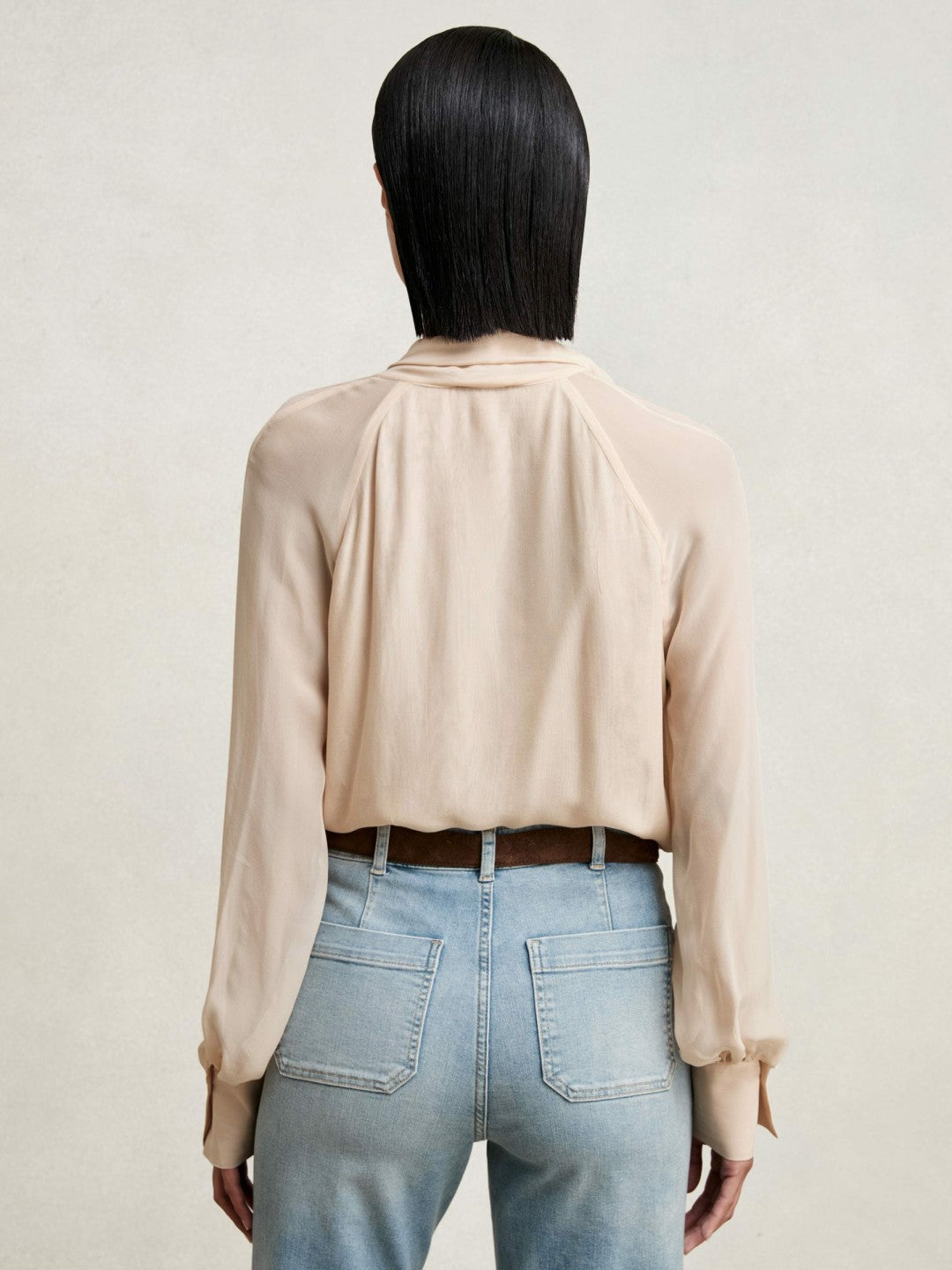 Silk Blend Chiffon Tie-Neck Blouse in Pale Pink