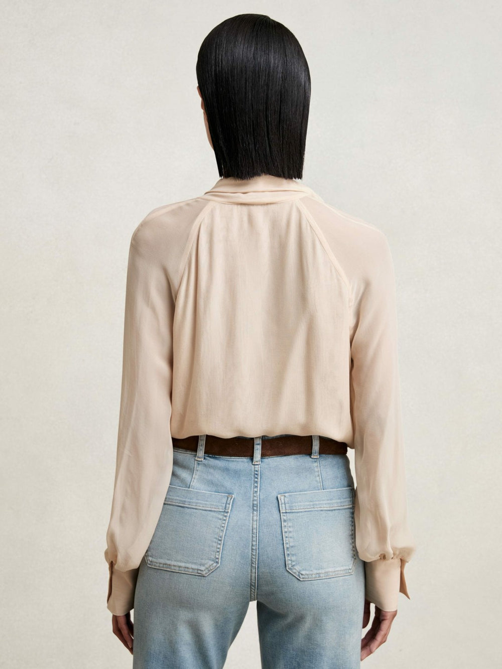 Silk Blend Chiffon Tie-Neck Blouse in Pale Pink