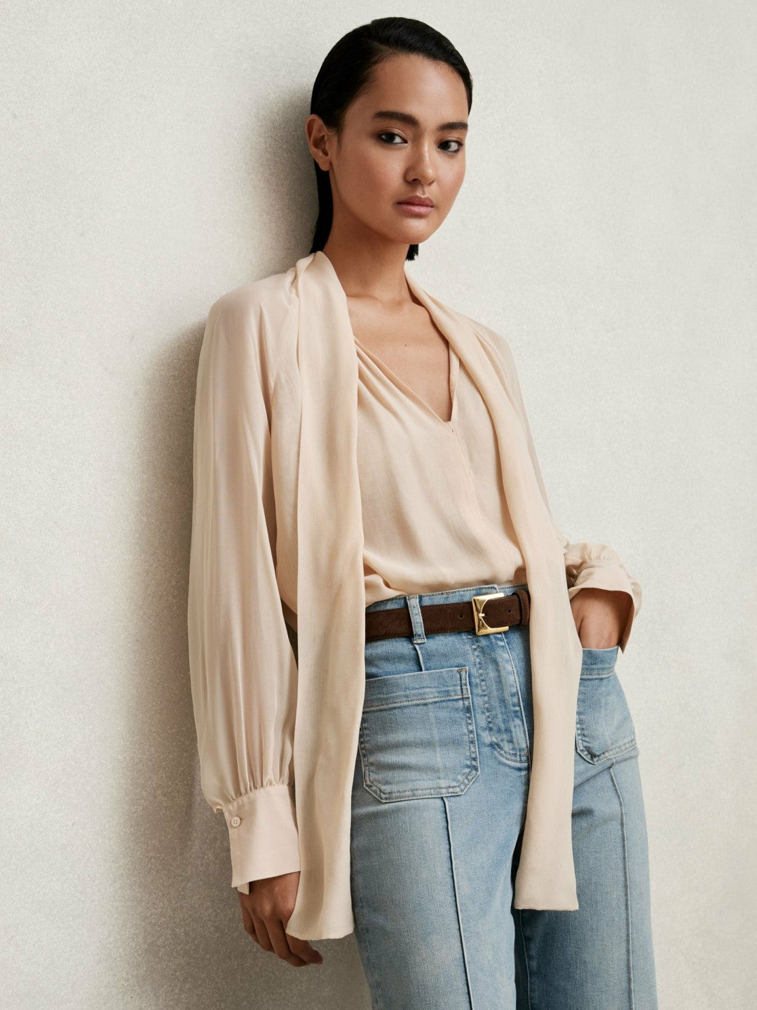 Silk Blend Chiffon Tie-Neck Blouse in Pale Pink
