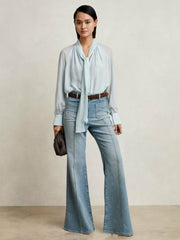 Silk Blend Chiffon Tie-Neck Blouse in Pale Blue