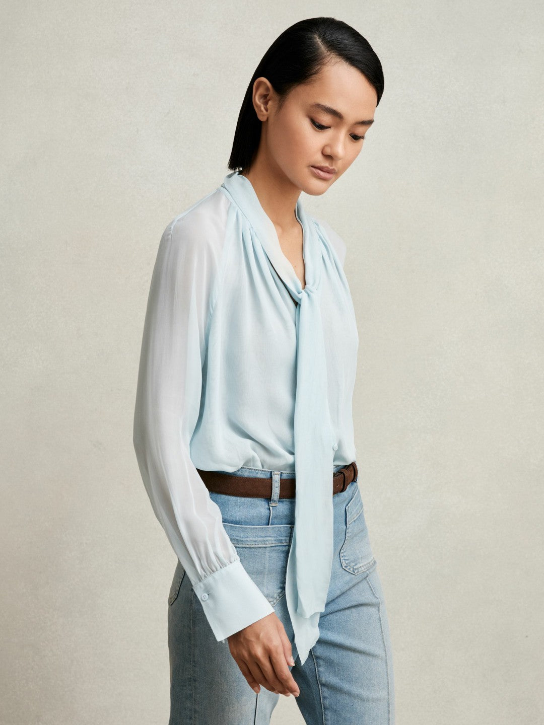 Silk Blend Chiffon Tie-Neck Blouse in Pale Blue