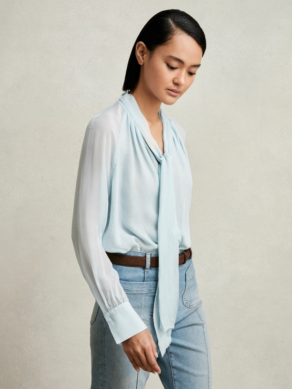 Silk Blend Chiffon Tie-Neck Blouse in Pale Blue
